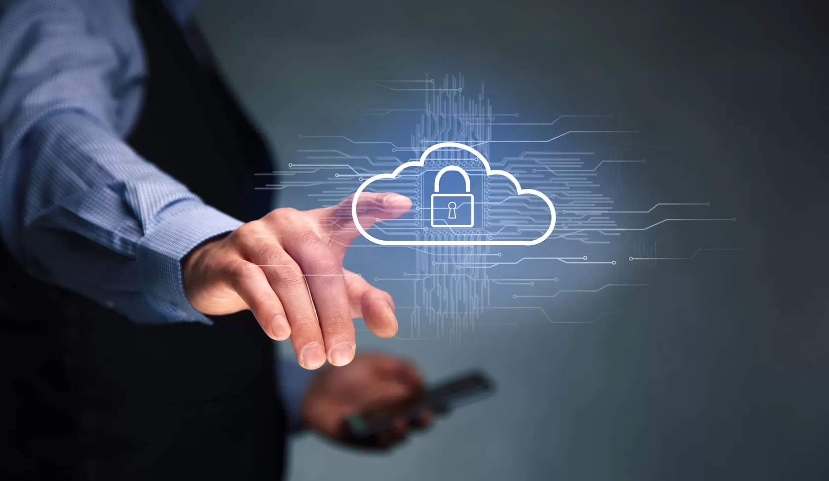 man hand using phone with cloud computing system